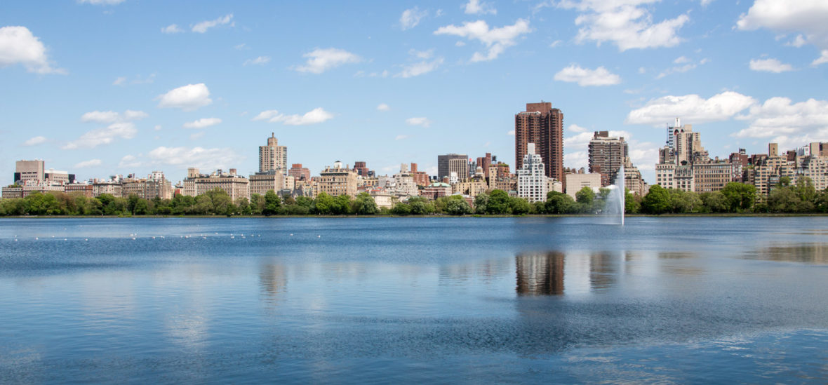 central park avec son lac et sa fontaine et ses buildings